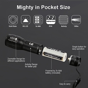 LE Zoombar Superhelle CREE LED Taschenlampe, inklusive 3 AAA Batterie, LED Handlampe, LED Camping Handlampe, Mit einstellbarem Fokus -
