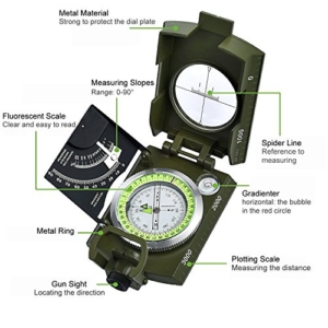 Proster Militär Marschkompass Professioneller Taschenkompass Peilkompass Kompass Compass mit Klinometer Tragschlaufe Tasche für Jagd Wandern und Aktivitäten im Freien -